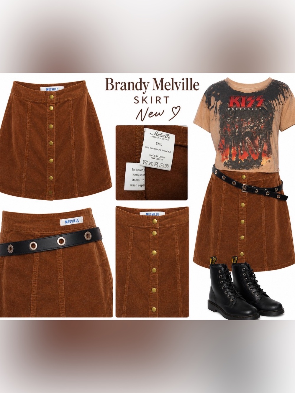 New Brandy Melville Rust Brown Corduroy Button-Front Mini Skirt